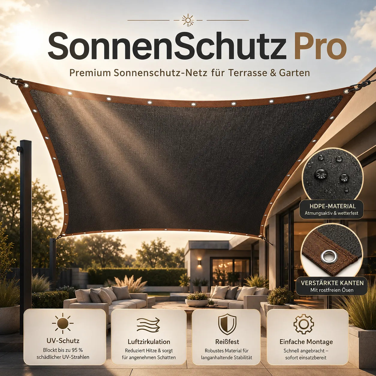 SonnenSchutz Pro – Premium Sonnenschutz-Netz für Terrasse & Garten –