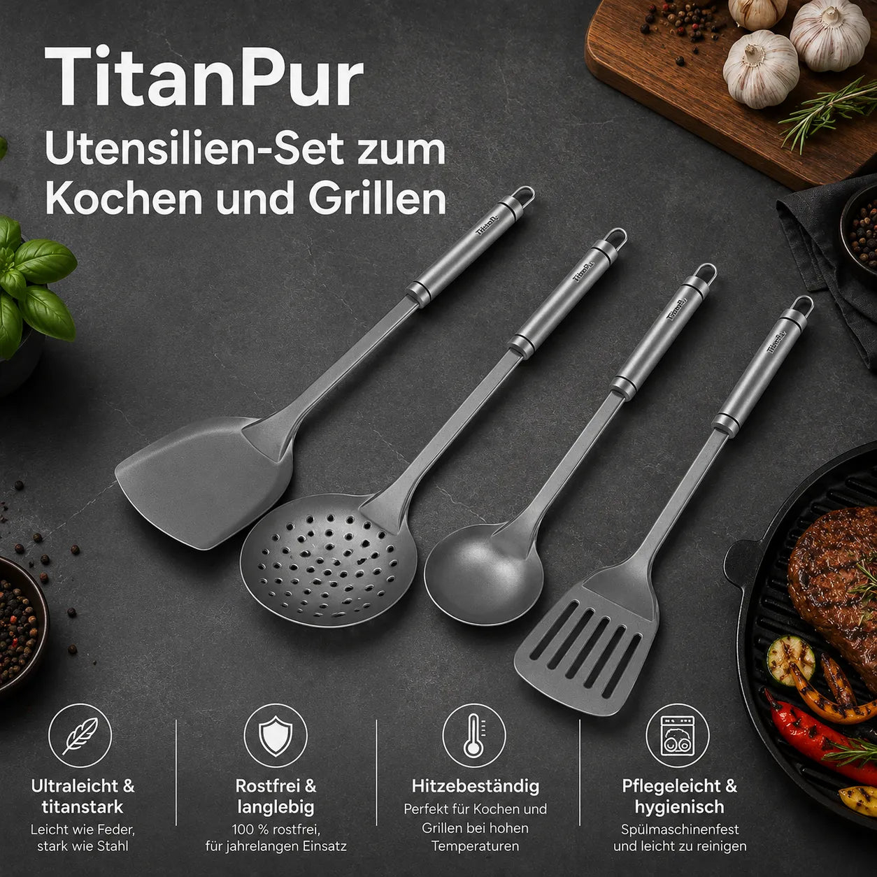 TitanPur Utensilien-Set zum Kochen und Grillen –