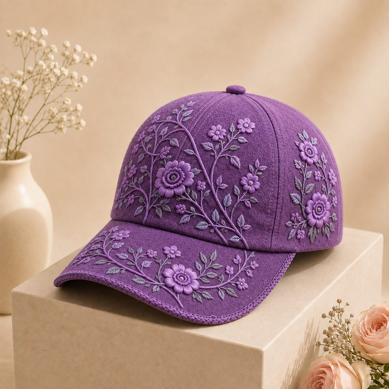 BlütenCharme – Elegante 3D-Blumen-Kappe