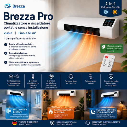 Brezza Pro – Condizionatore Portatile & Riscaldatore senza Installazione | 2-in-1 | Fino a 51 m²
