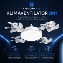 Carica l'immagine nel visualizzatore di Gallery, FreiKlima Pro Klimaventilator 2in1 – 4-Flügel einklappbarer Deckenventilator mit Kühlfunktion, Licht &amp; Fernbedienung
