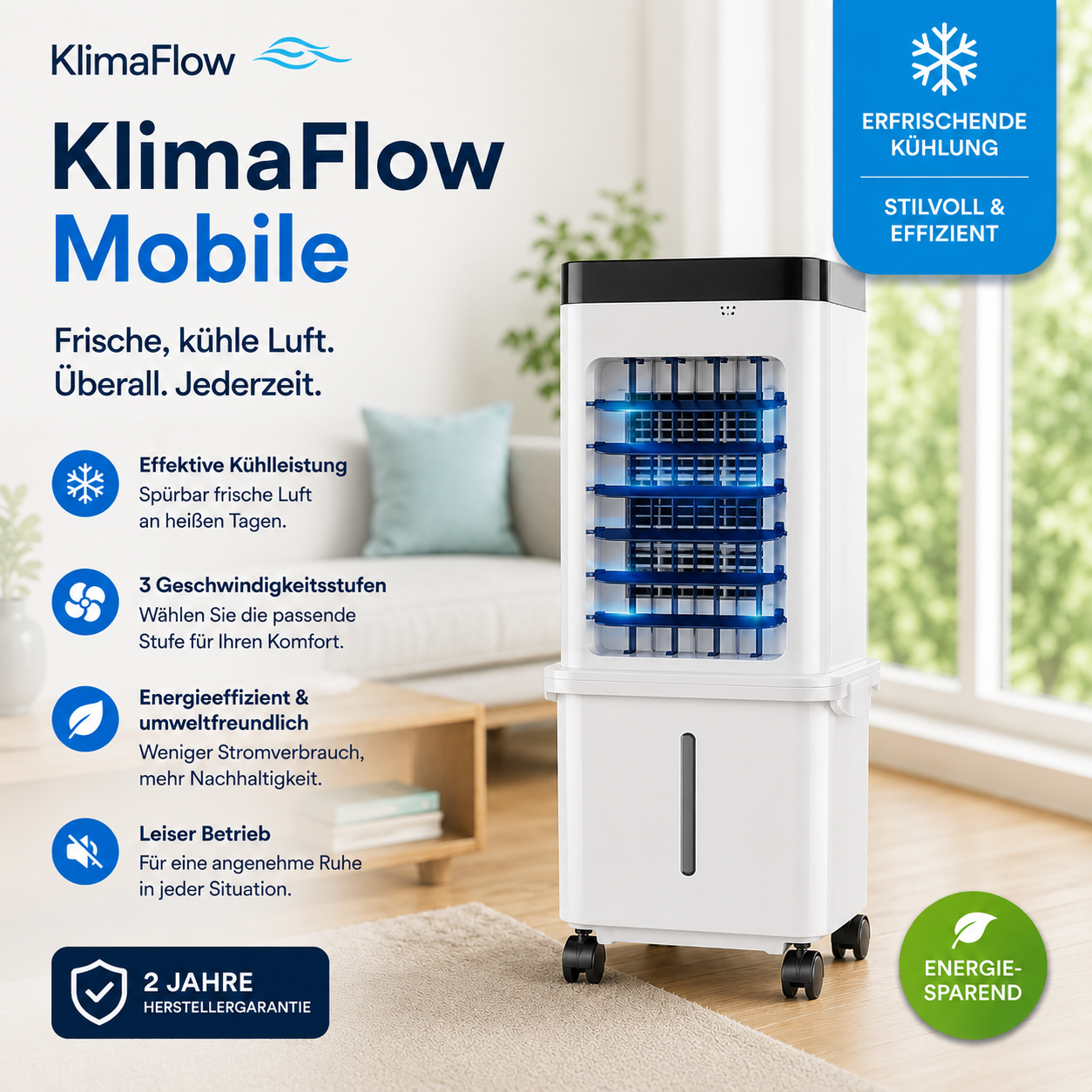 KlimaFlow Mobile - Mobiler Luftkühler – Keine Installation erforderlich | Kühlt bis zu 50 m²
