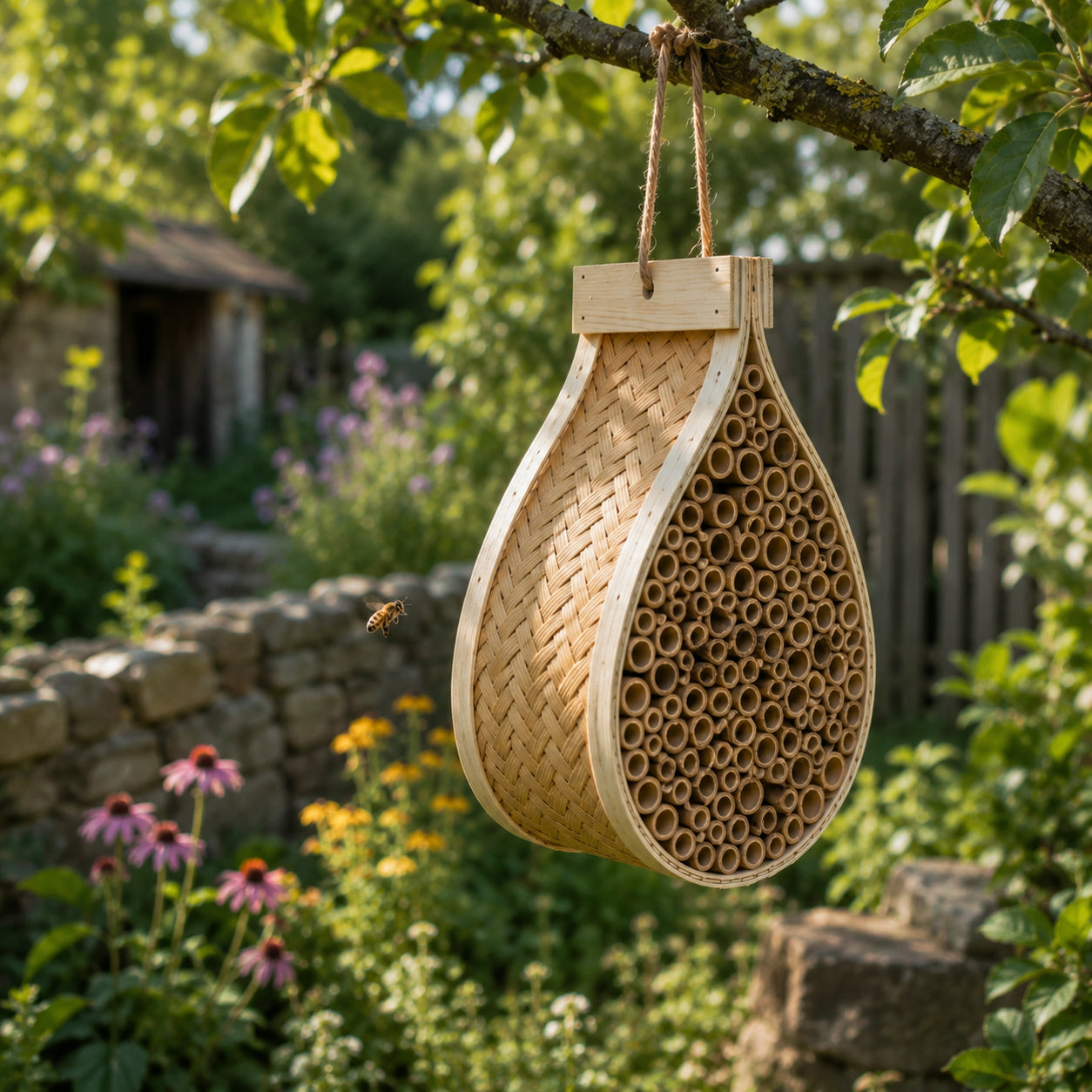 Wildbienenhotel „Gartenfreund" – Handgeflochten aus Bambus & Hartholz