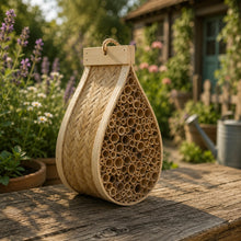 Lade das Bild in den Galerie-Viewer, Wildbienenhotel „Gartenfreund" – Handgeflochten aus Bambus &amp; Hartholz
